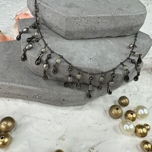 CHERYL REIS‎ Artisan Beaded Teardrop Dangle Necklace Gunmetal Pearl Accents